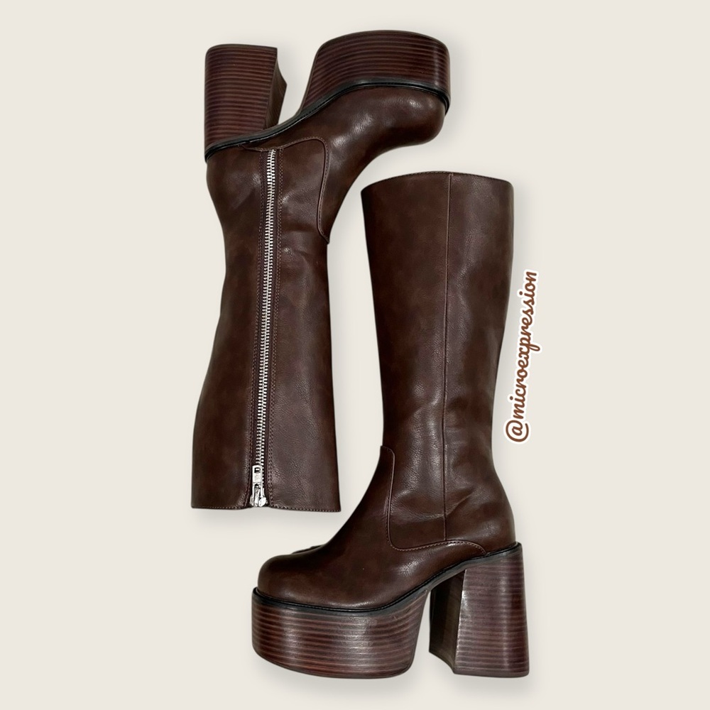 Free People Chunky Bratz Doll Chocolate Brown Leather Knee-High Platform Boots - Picture 13 of 16